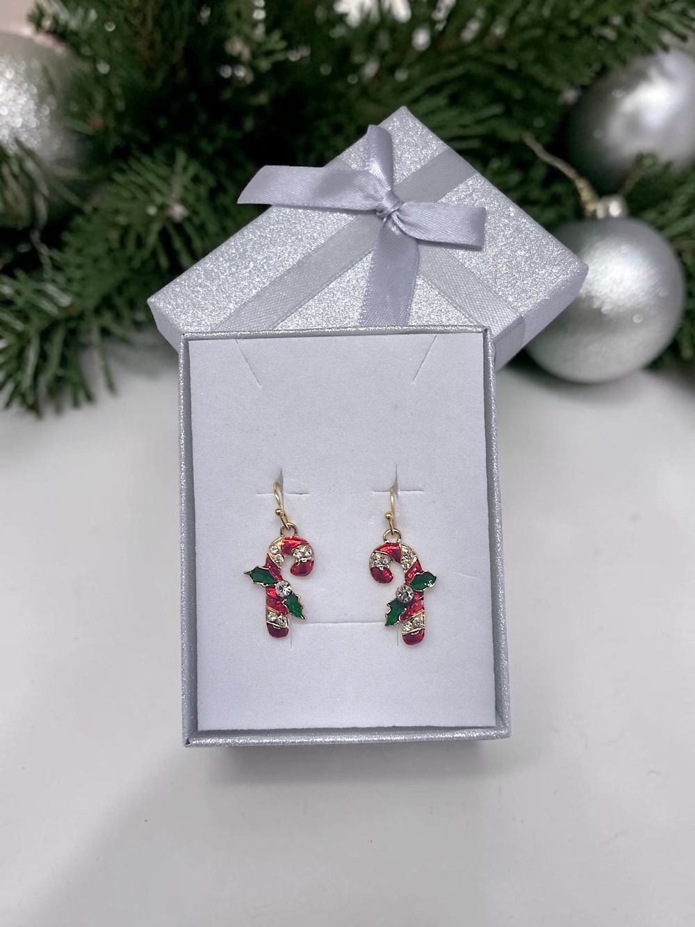 Festive Candy Cane Drop Earrings & Gift Box